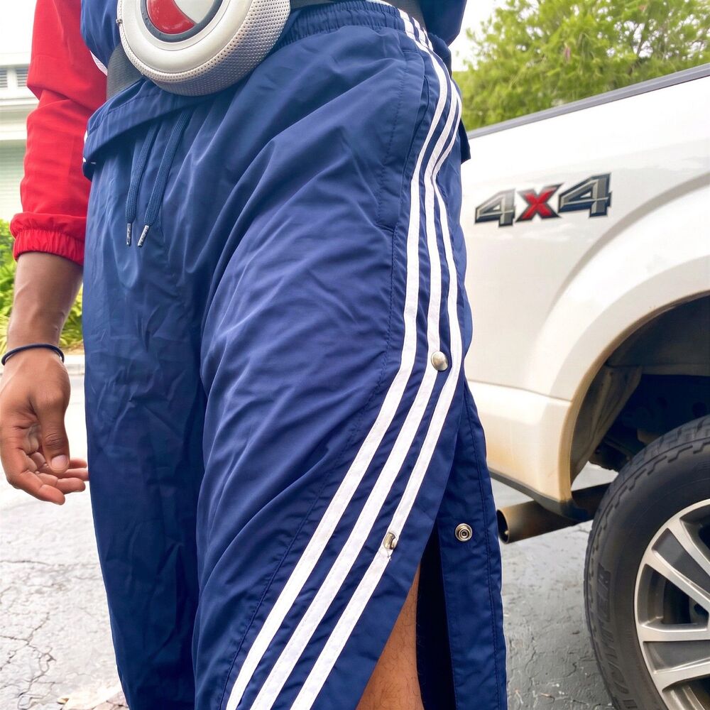 Adidas Vintage Rare Track Pants Nylon Glanz Shiny Trackies Navy Blue Snap Large